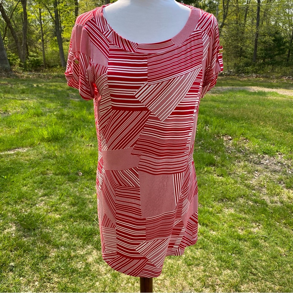 DONCASTER TUNIC TOP MINI DRESS RED WHITE SHORT SLEEVE SCOOP NECK SHIFT SIZE S